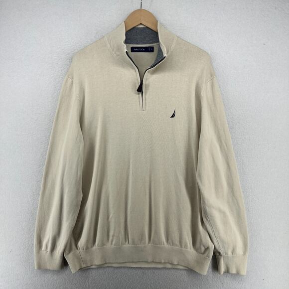 NAUTICA Sweater Mens XL Golf 1/4 Zip Mock Neck Pullover Jumper Cotton Beige - Picture 1 of 15